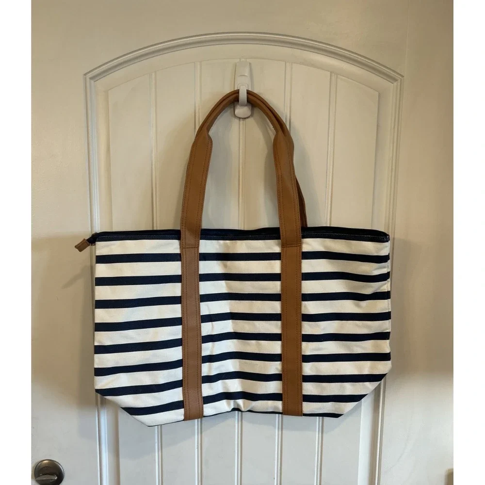 Pure Honey Clutch‎ and Tote Bag Blue and White Stripes with Leather Accents